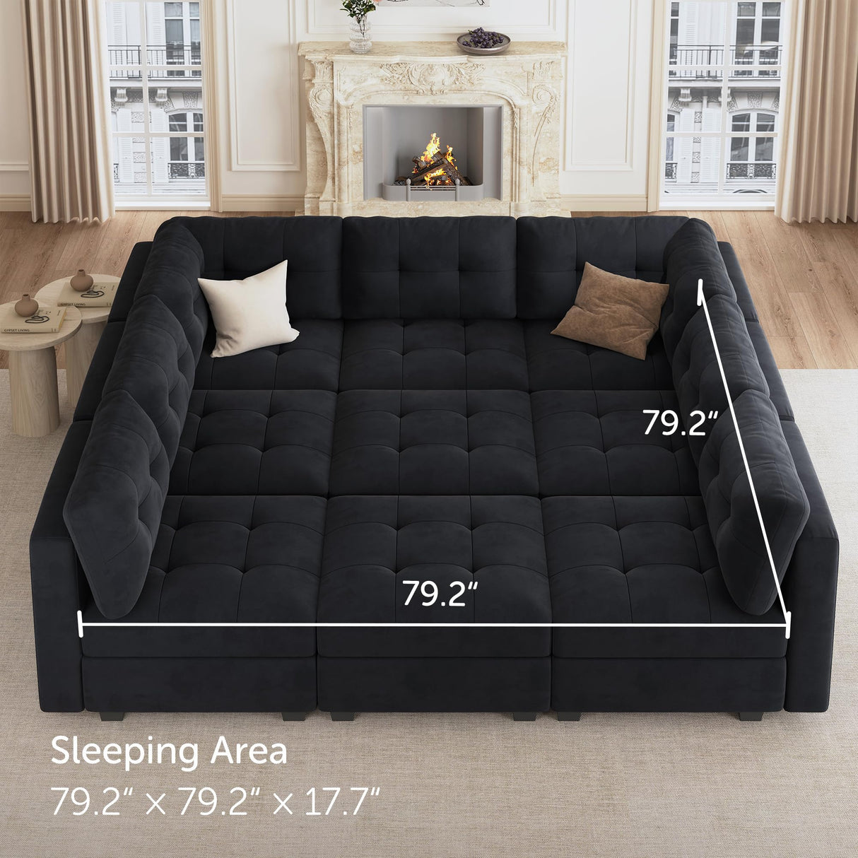 HONBAY Modular Sectional Sleeper Sofa with All Storage, Velvet Modular Sofa Couch, 9-Seat Reversible Velvet Sleeper Sectional Sofa Bed for Living Room, Black HONBAY
