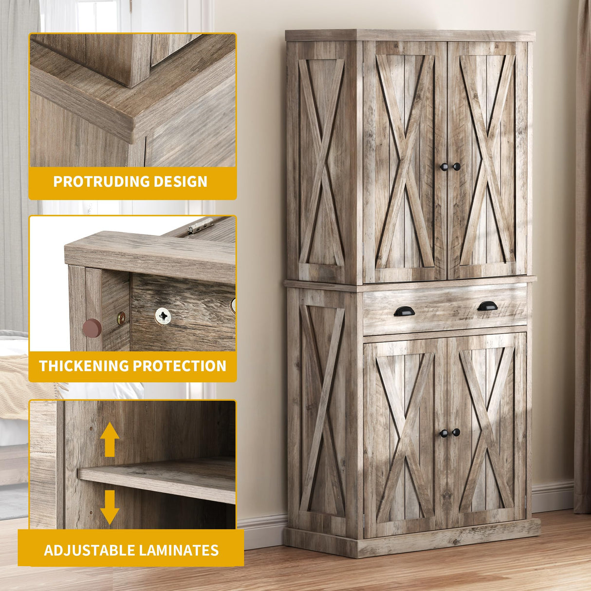 DWVO Kitchen Pantry with Doors, 72'' Tall Farmhouse Wood Kitchen Storage Cabinets with Adjustable Shelves & Drawer, Freestanding Cupboard for for Kitchen, Dining Room, Living Room, Light Rustic Oak DWVO