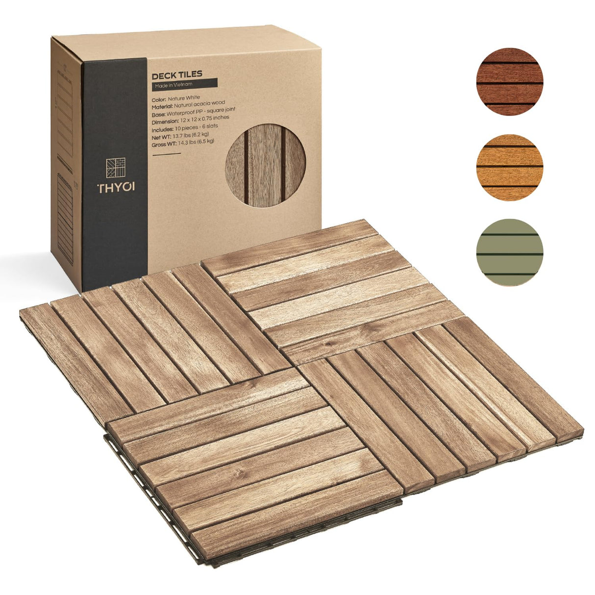THYOI 10 Pcs Interlocking Deck Tiles, Waterproof Acacia Wood Patio Flooring for Balcony & Outdoor Use (White, 10 Pcs - 12.1 Square Ft) THYOI
