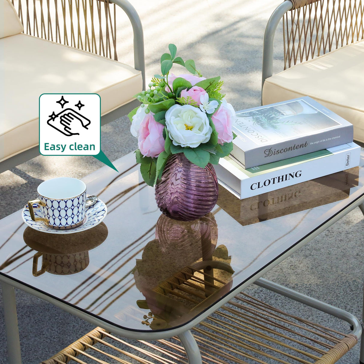 YITAHOME 4 Pieces Patio Furniture Set, Wicker Outdoor Conversation Set, All-Weather Rattan Bistro Set with Loveseat Set, Coffee Table and Cushions for Backyard, Balcony, Deck - Beige YITAHOME