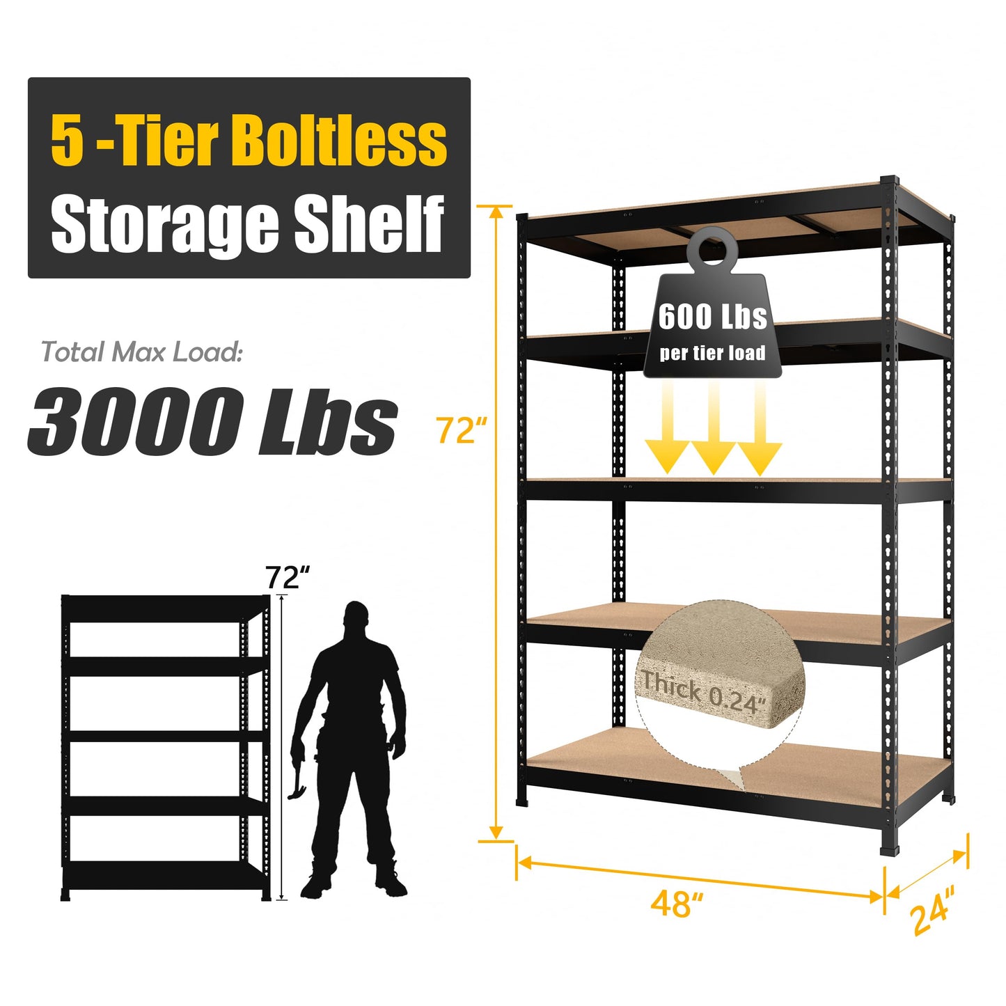 PrimeZone 2 Pack Storage Shelves 48" x 24" x 72" - 5 Tier Heavy Duty Adjustable Garage Storage Shelving, Metal Storage Utility Rack Shelf Unit for Warehouse Pantry Closet Kitchen, Black