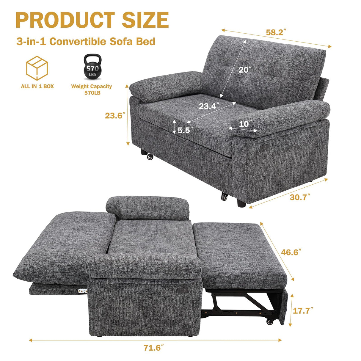 Vipbear 3 in 1 Sleeper Sofa Bed, Pull Out Couch with Reclining Backrest, Convertible Loveseat with USB Ports, Tool-Free Assembly, Modern Chenille Loveseat for Living Room, Apartment, Dark Grey Vipbear