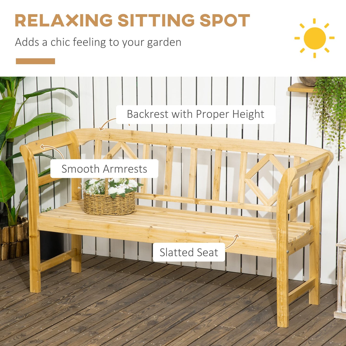 Outsunny Rustic Three-Seat Wooden Patio Bench with Backrest and Armrests - WoodArtSupply