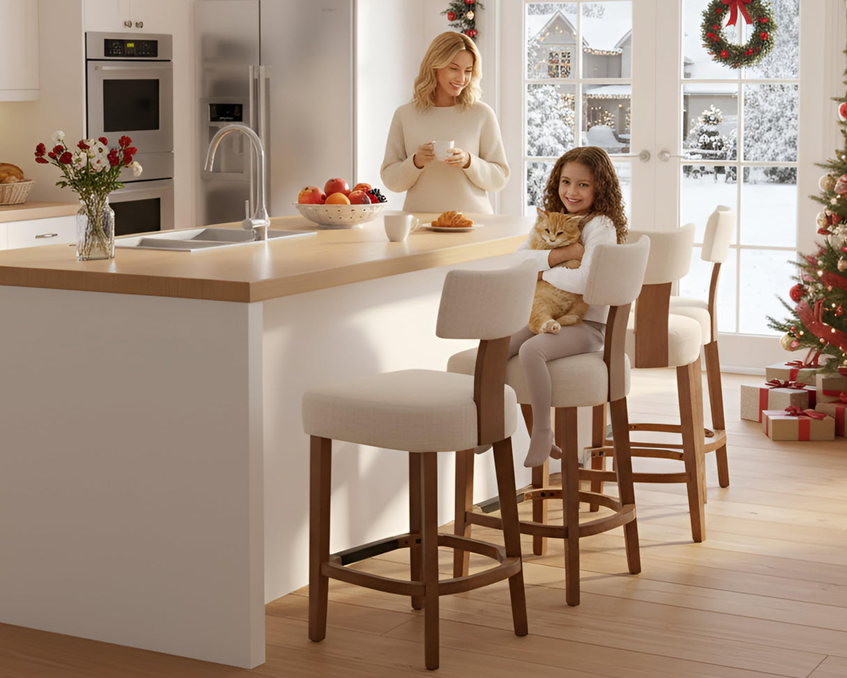 26’’ Farmhouse Bar Stools Set of 4, Linen Upholstered Counter Height Barstools with Back Modern Counter Stools Wood Barstools with Hardwood Frame, Bar Height Chairs for Kitchen Counter Island, Beige LIVINOVA