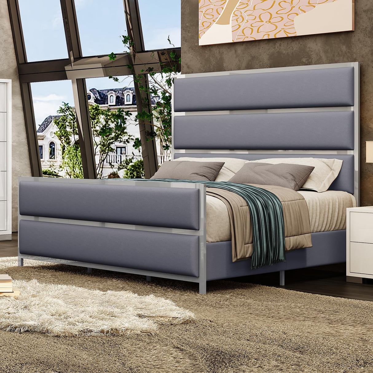 AMERLIFE 59" King Size Bed Frame, Velvet Upholstered Bed with Silver Trim Headboard & Footboard, Channel Tufted Platform Bed Frame, No Box Spring Needed/Light Grey AMERLIFE