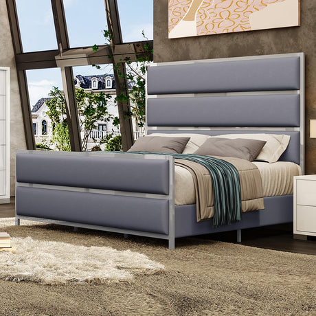AMERLIFE 59" King Size Bed Frame, Velvet Upholstered Bed with Silver Trim Headboard & Footboard, Channel Tufted Platform Bed Frame, No Box Spring Needed/Light Grey AMERLIFE