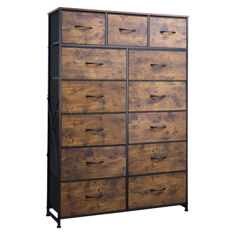 WLIVE Tall Dresser for Bedroom with 13 Drawers, Storage Dresser Organizer Unit, Fabric Dresser for Bedroom, Closet, Chest of Drawers, Steel Frame, Wood Top, Rustic Brown Wood Grain Print WLIVE