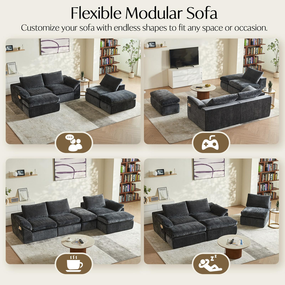 Vamcheer Modular Sectional Cloud Couch, Utra Soft U Shaped Couch with 2 Movable Ottoman, Deep Seat Boneless Couches for Living Room Bedroom, No Assembly Required, Grey Vamcheer