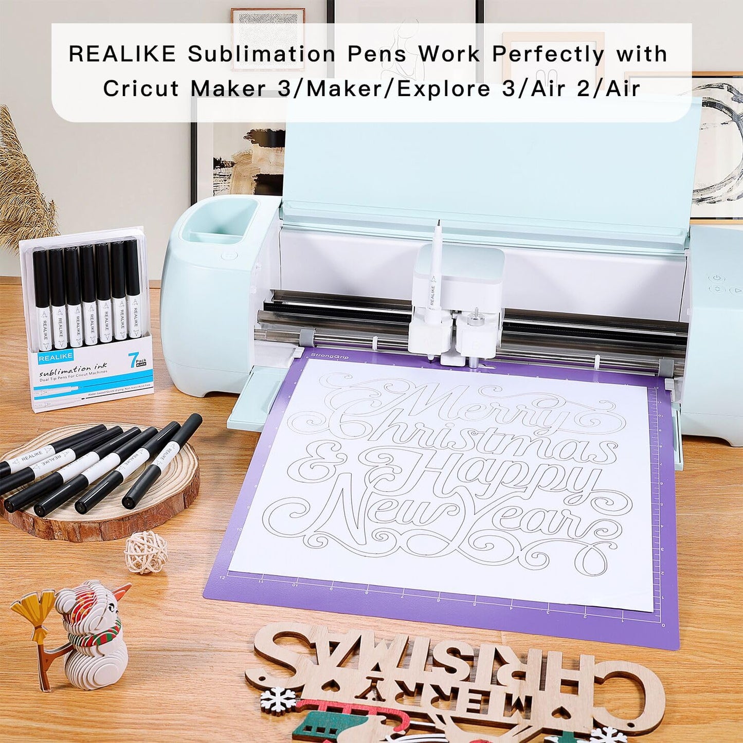 REALIKE Dual Tip Infusible Pens for Cricut Maker 3/Maker/Explore 3/Air 2/Air, Black Pens Set of 7 Pack Dual Tip Sublimation Markers Pens for Cricut Mug Press/Heat Press (0.4 Tip & 1.0 Tip)