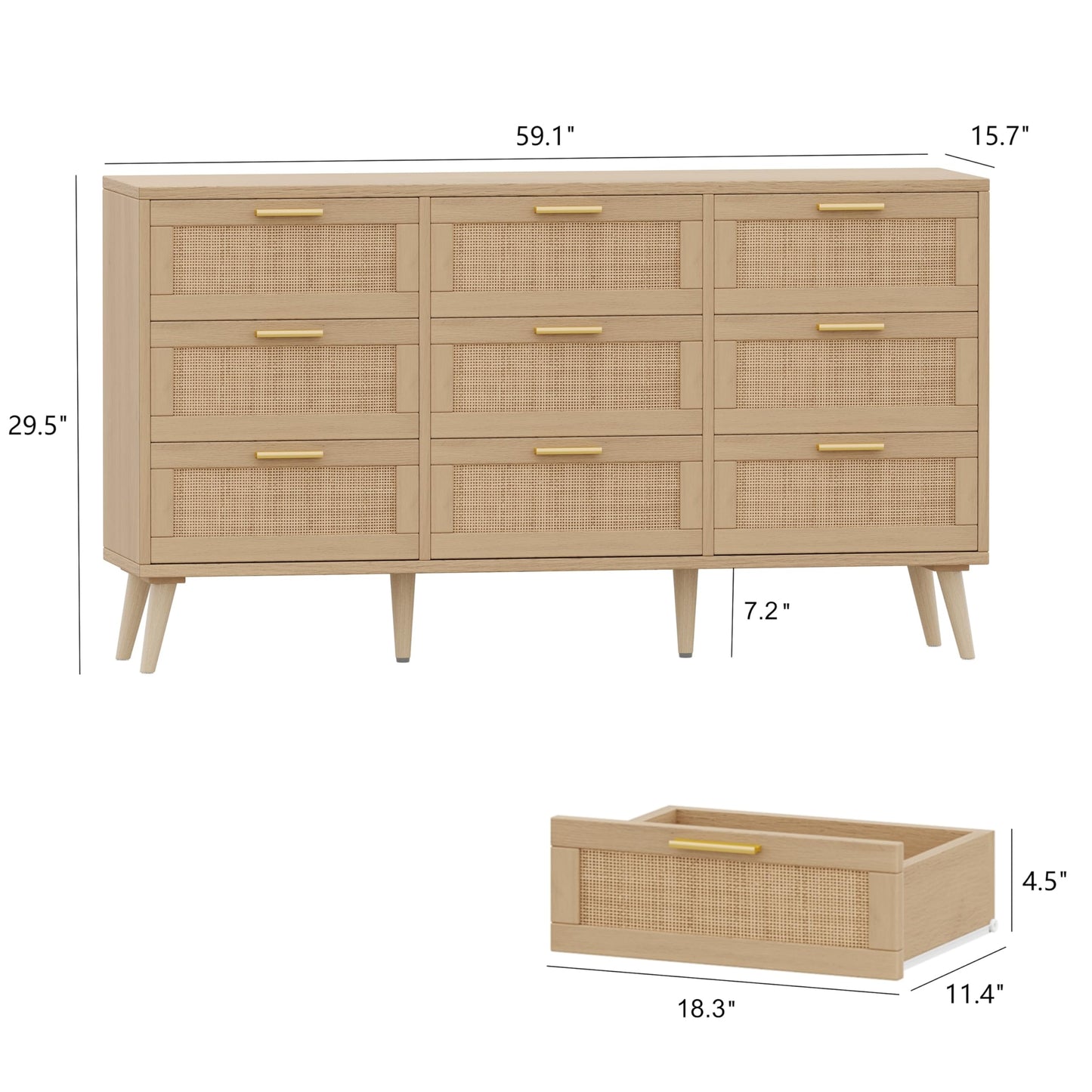 Rovaurx 9 Drawer Double Dresser for Bedroom, Rattan Chest of Dressers, Modern Wooden Dresser Chest with Golden Handles, Beside Table for Closet, Living Room and Entryway, Natural RDG002M