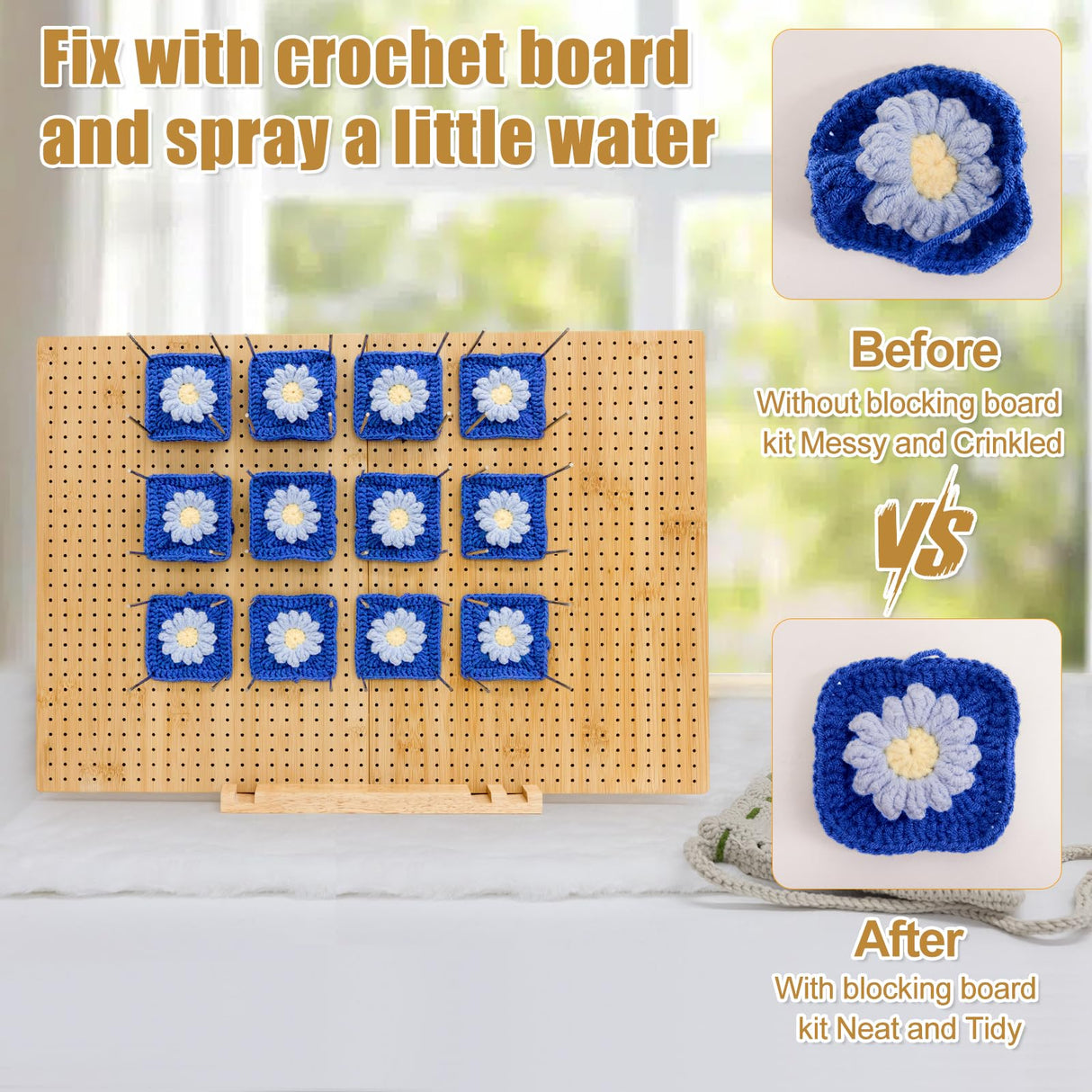 23.6" x 15.8" Granny Square Blocking Board Foldable, Bamboo Blocking Boards for Crochet Projects with Pegs, Blocking Boards for Crochet Projects, Gifts for Mothers, Grandmothers Iswabard