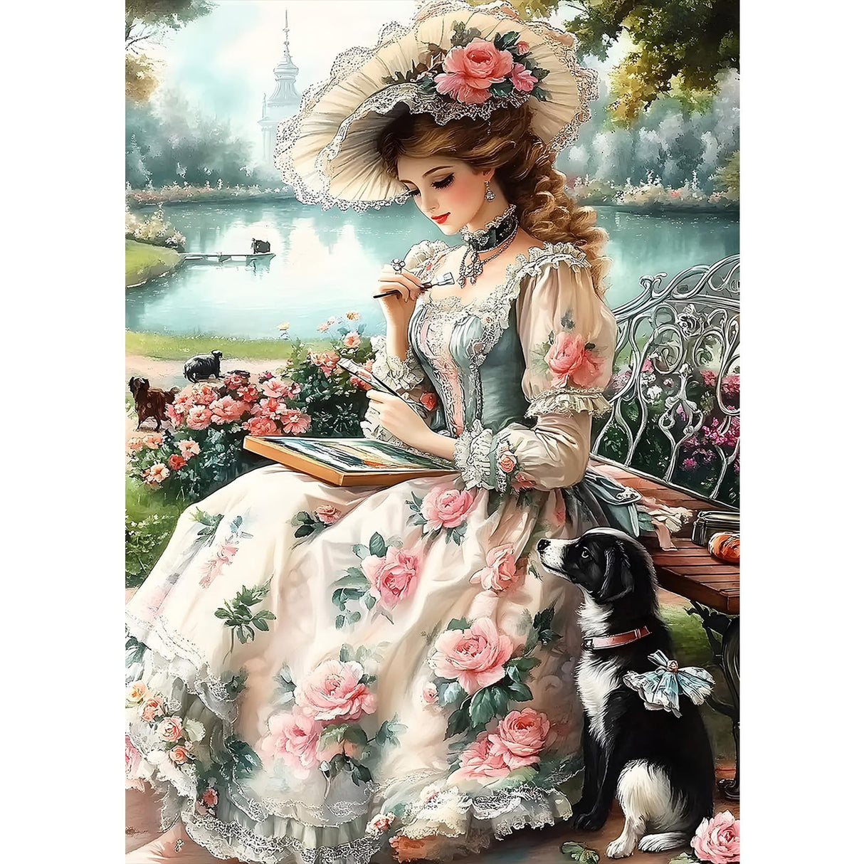 MXJSUA DIY Lady Diamond Painting Kits for Adults, Vintage Diamond Gem Art Painting for Beginners, Diamond Picture with Full Round Drill Dots Craft Set Gift, 12 * 16 Inch MXJSUA
