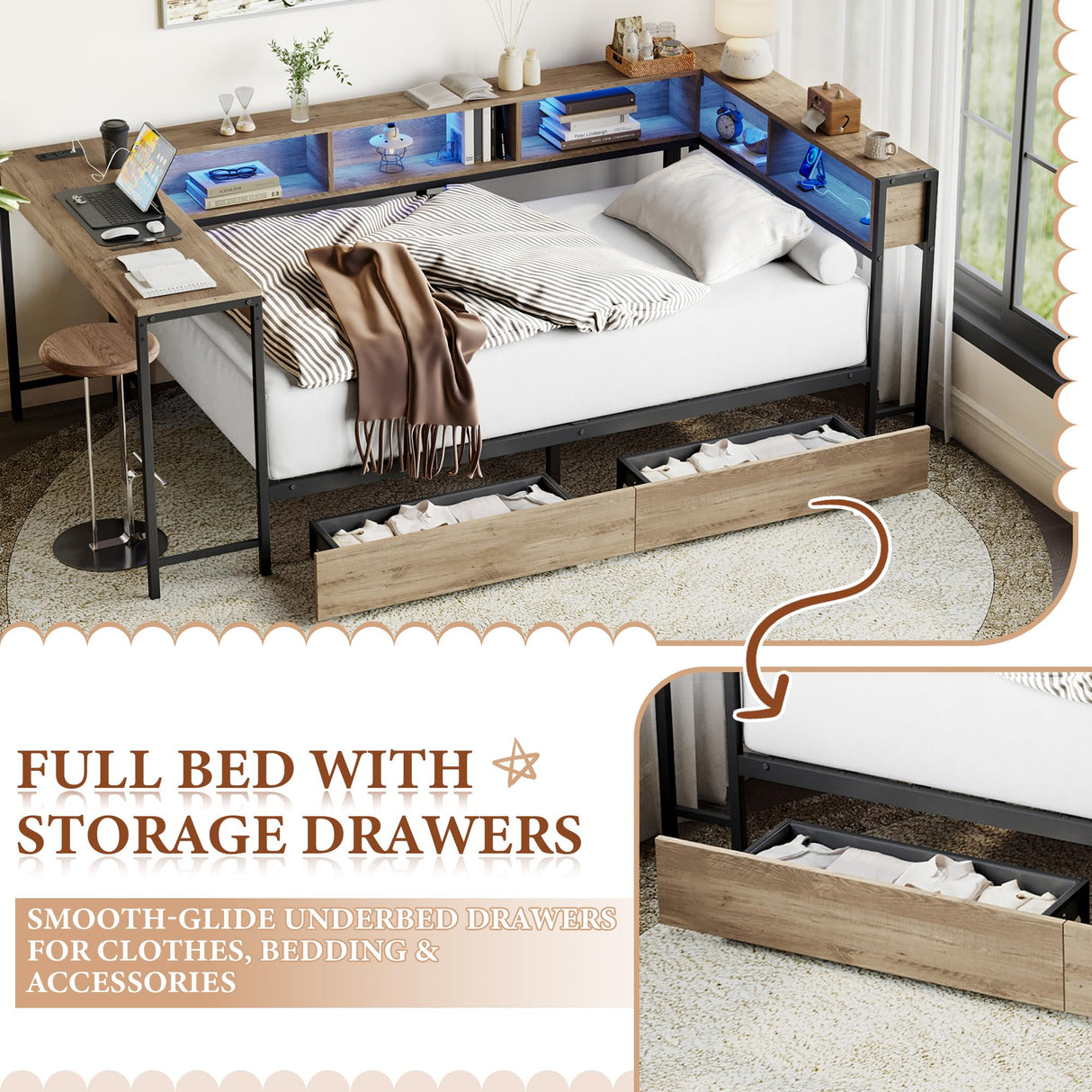 Full Size Corner Bed Frame with LED Lights, Bookcase Headboard, 2 Storage Drawers, Charging Station & Reversible Hutch Desk – Modern Metal Daybed for Bedroom, Guest Room or Living Room, Brown (Full) TTK