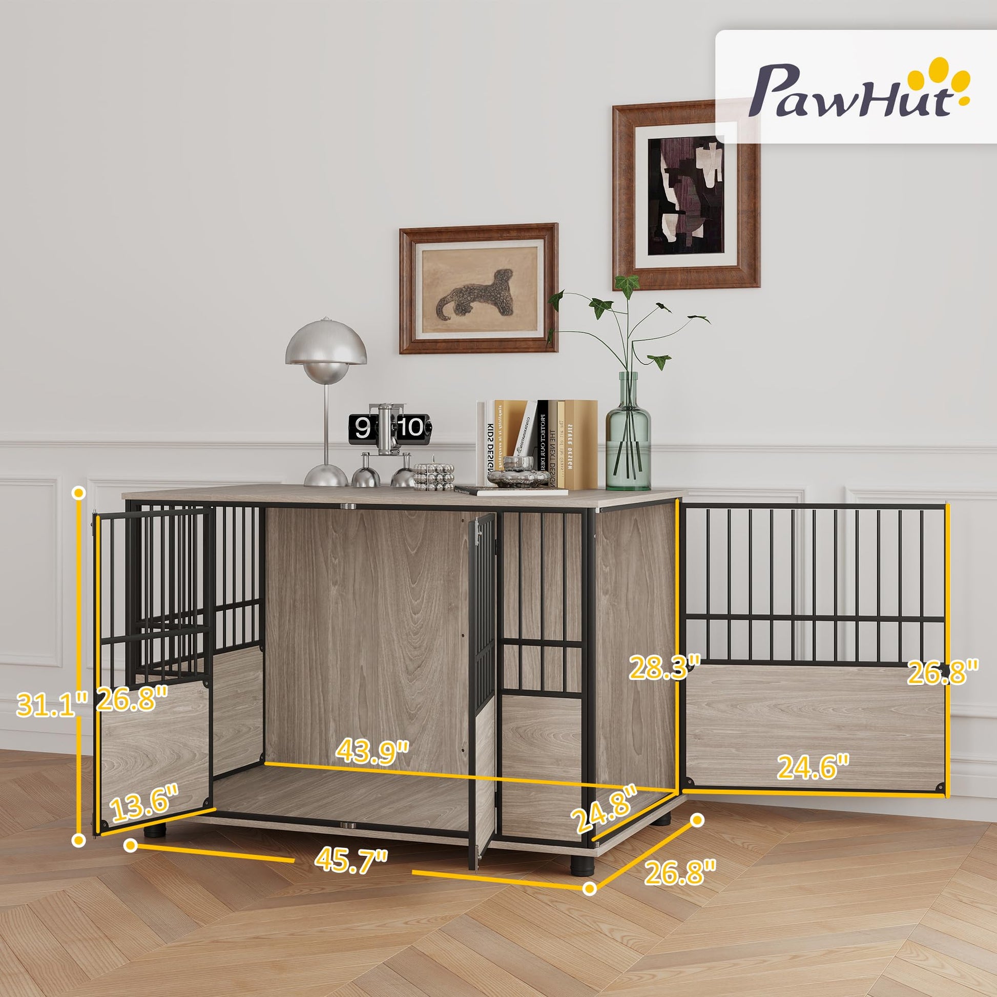 PawHut Dog Crate Furniture, 46" Wooden Dog Kennel Furniture, Dog Crate End Table with Double Doors for Small to Large Dogs, Walnut Wood Finish - WoodArtSupply