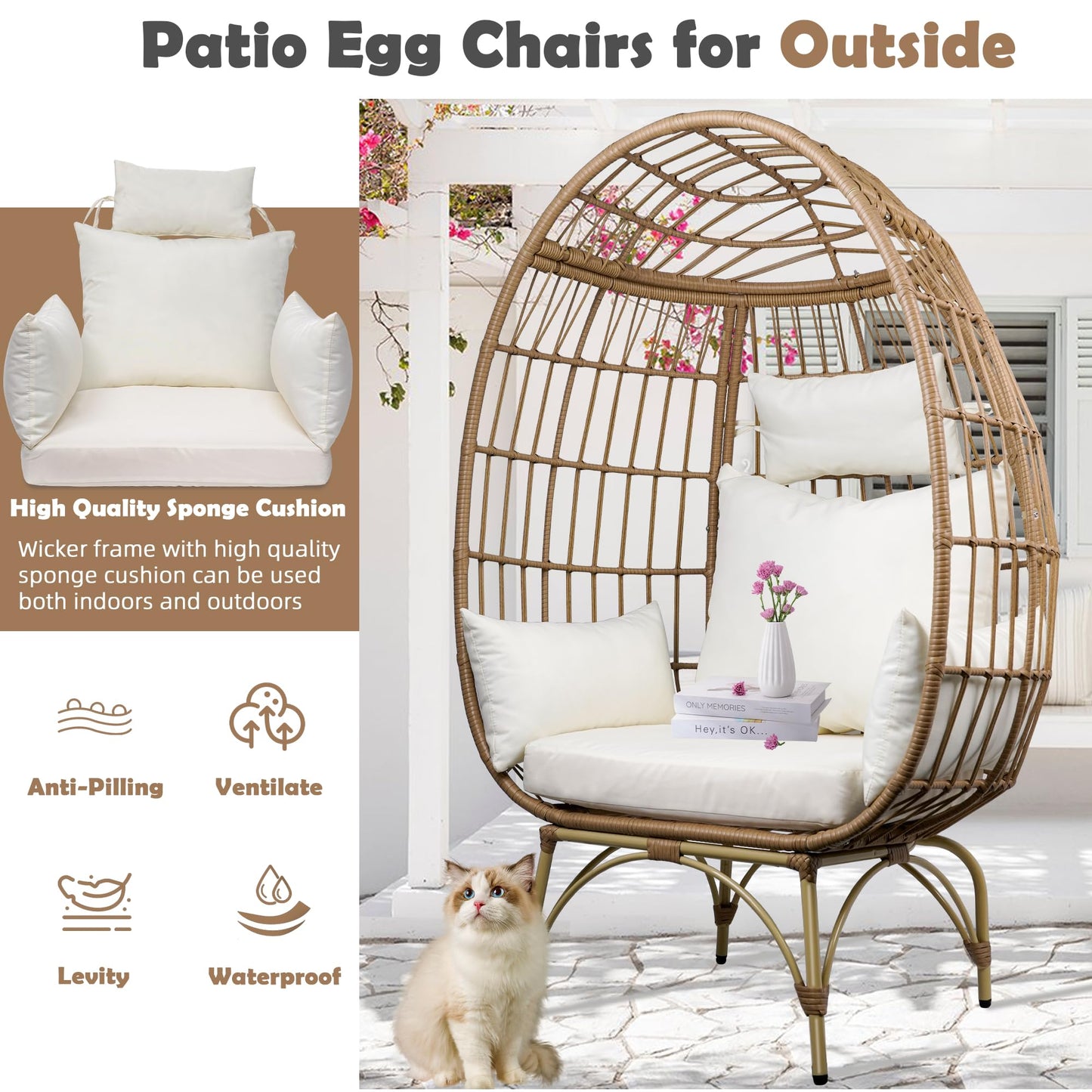 TIMWNER Oversized Egg Chair Indoor,Outdoor Large Wicker Lounge Chair with Stand and Cushions for Patio,Living Room,Backyard with 4 Comfortable Cushion. - WoodArtSupply