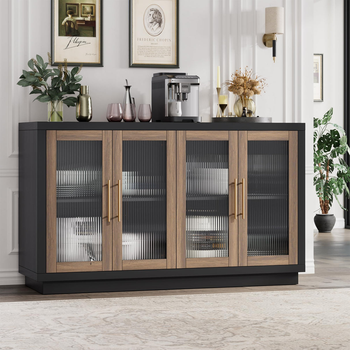 FOTOSOK Buffet Cabinet with Storage, 55.1" Large Sideboard Buffet Cabinet, Modern Sideboard Kitchen Cabinet with 4 Fluted Glass Doors, Wood Coffee Bar Cabinet Buffet Table for Kitchen, Black/Brown FOTOSOK
