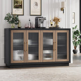 FOTOSOK Buffet Cabinet with Storage, 55.1" Large Sideboard Buffet Cabinet, Modern Sideboard Kitchen Cabinet with 4 Fluted Glass Doors, Wood Coffee Bar Cabinet Buffet Table for Kitchen, Black/Brown FOTOSOK