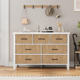 Jocoevol White Dresser 7 Drawer Dresser for Bedroom, Modern Fluted Dresser with Solid Wood Legs, Long Double Wooden Dresser Large Chest of Drawers for Living Room, Entryway, Hallway (Wood Fluted) Jocoevol