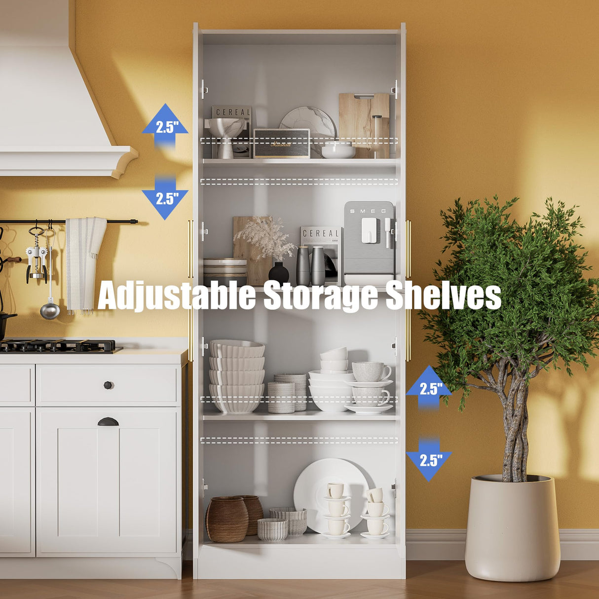 Housoul 71" Tall Pantry Cabinet with 4 Doors, Kitchen Pantry Storage Cabinet, Freestanding Larder Cupboard, Kitchen Hutch, Utility Pantry with Gold Handles for Dining Room, Bathroom, White Housoul