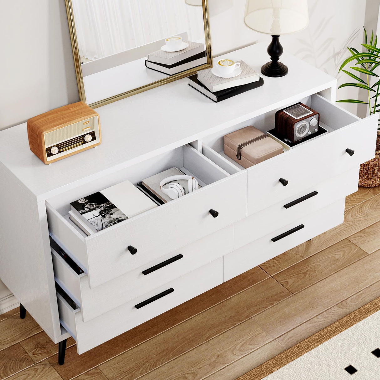 DWVO White 6-Drawer Modern Dresser with Black Metal Handles, Wooden Chest of Drawers with Anti-Tip Safety Design, Stylish Storage Cabinet for Bedroom, Living Room, or Entryway DWVO