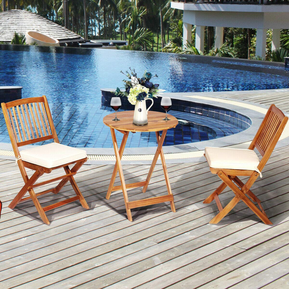 Tangkula 3 PCS Patio Folding Bistro Set, Outdoor Acacia Wood Chair and Table Set w/Padded Cushion& Round Coffee Table, Ideal for Indoor Patio Poolside Garden (Cream) - WoodArtSupply