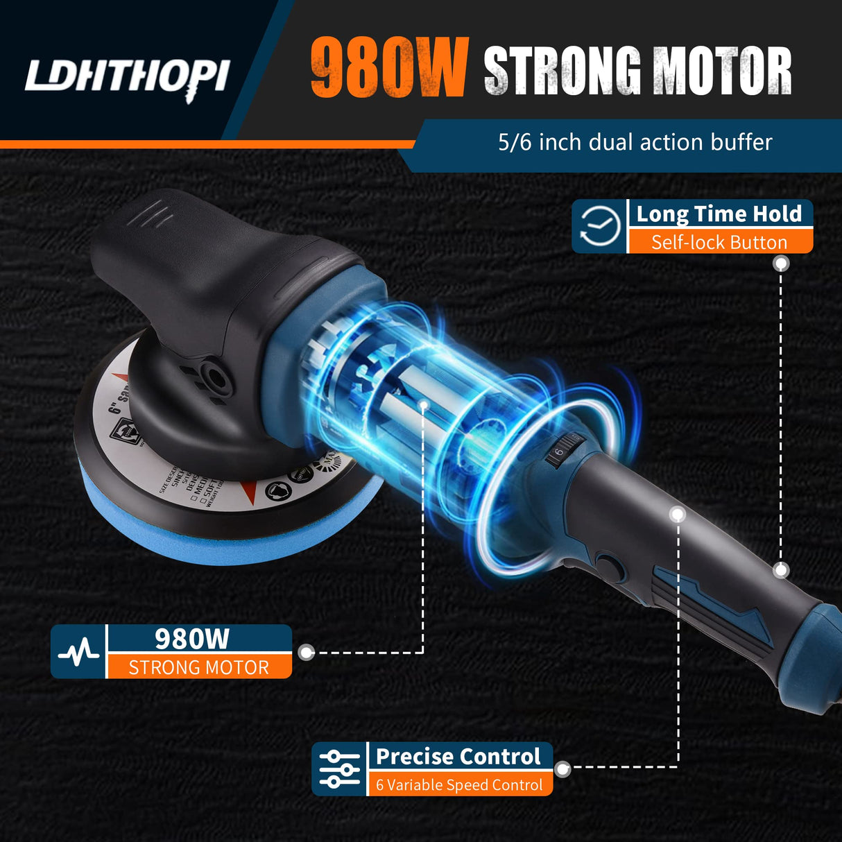 LDHTHOPI Dual Action Polisher, 980W 5/6 Inch Random Orbital Buffer Polisher for Car Detailing, 2800-5800RMP, 6 Variable Speed Buffer Polisher with 8 Detachable Pads LDHTHOPI