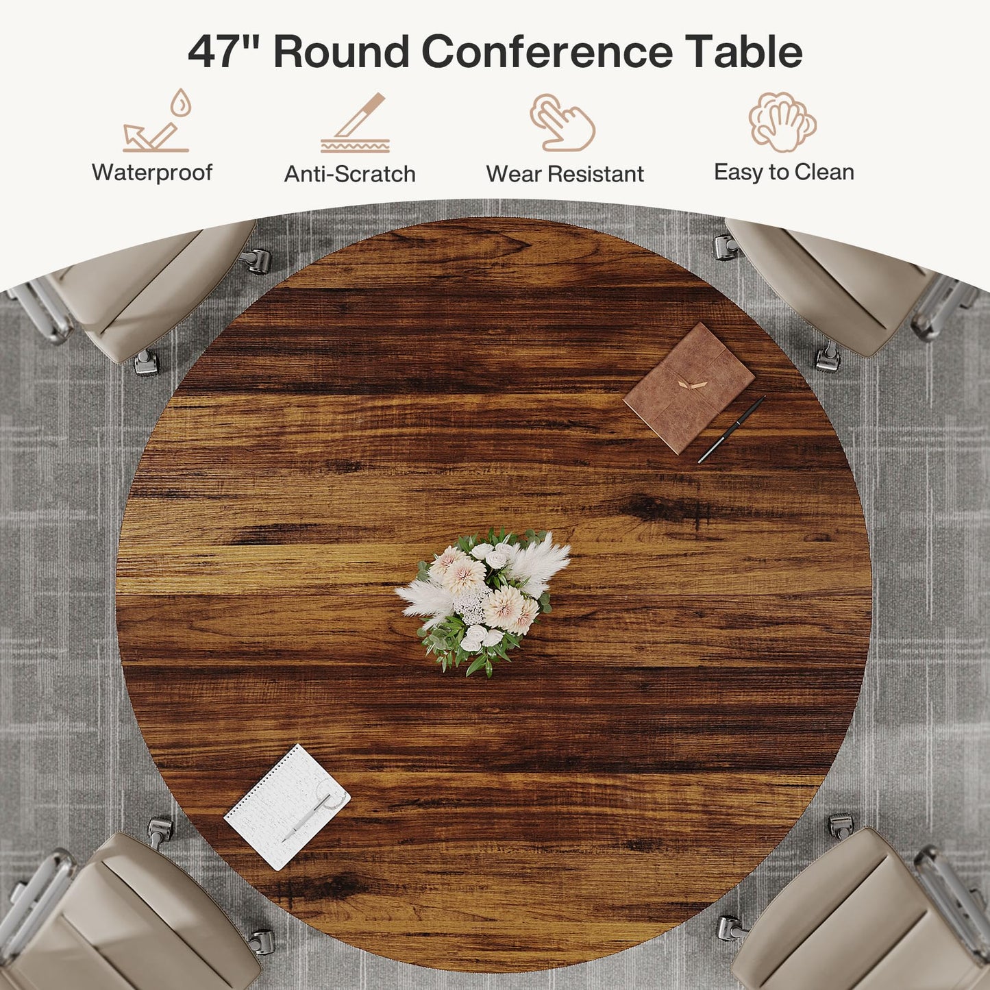 Tribesigns 47" Round Conference Table, Round Multi-Purpose Meeting Table, Reception Negotiation Table for 4, Small Business Training Seminar Table for Office Conference Room (Brown + Black) - WoodArtSupply