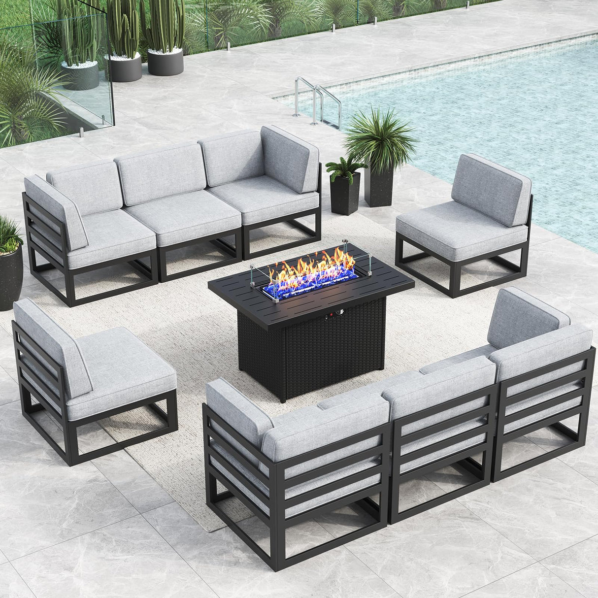 LayinSun Large Aluminum Patio Furniture Set with Fire Pit Table, 9 Pieces Modern Outdoor Conversation Set Sectional Metal Sofa Set with Olefin Cushion LayinSun