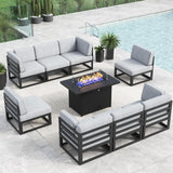 LayinSun Large Aluminum Patio Furniture Set with Fire Pit Table, 9 Pieces Modern Outdoor Conversation Set Sectional Metal Sofa Set with Olefin Cushion LayinSun