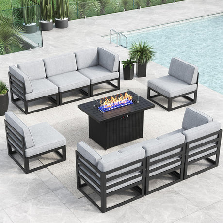 LayinSun Large Aluminum Patio Furniture Set with Fire Pit Table, 9 Pieces Modern Outdoor Conversation Set Sectional Metal Sofa Set with Olefin Cushion LayinSun