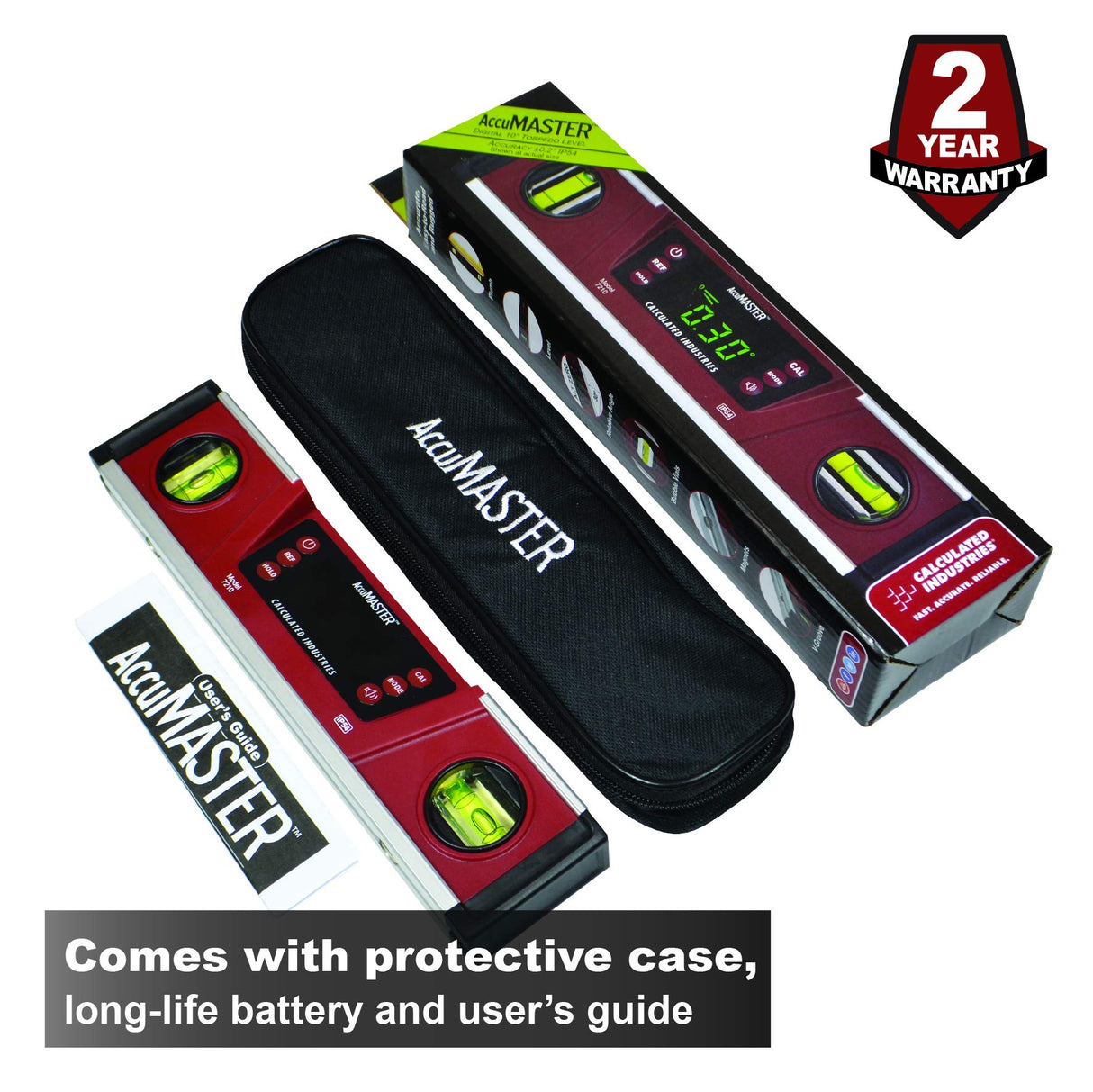 Calculated Industries 7210 AccuMASTER PRO Digital Torpedo Level and Protractor | 10” Inch | Neodymium Magnets | Bright LED Display | IP54 Dust/Water Resistant, Red Calculated Industries