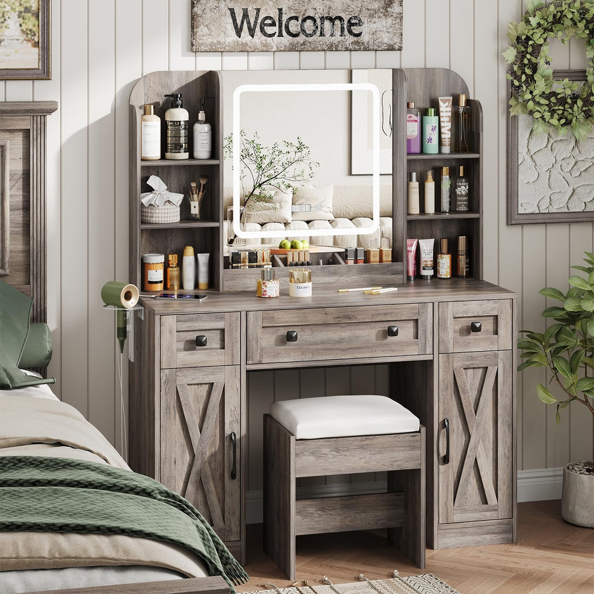 Vabches Makeup Vanity Desk, Vanity Mirror with Lights Desk and Chair,Makeup Table with 3 Large Drawers and 2 Cabinets, Time and Temperature Display, 3 LED Lighting Modes Adjustable, Grey Vabches