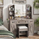 Vabches Makeup Vanity Desk, Vanity Mirror with Lights Desk and Chair,Makeup Table with 3 Large Drawers and 2 Cabinets, Time and Temperature Display, 3 LED Lighting Modes Adjustable, Grey Vabches