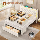 BTHFST Upholstered LED Bed Frame Queen Size with 5 Storage Drawers, Hidden Storage Headboard with Charging Station, Velvet Button Tufted Headboard Platform Bed, Beige BTHFST