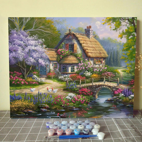 Thatched Cottage Paint by Numbers Kits 16x20inch Canvas River and Bridge DIY Digital Oil Painting for Adults with Brushes and Acrylic Pigment-Summer Forest Picture for Bedroom Decor Gift(Frameless) Tucocoo