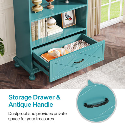 Tribesigns Ocean Blue 6-Shelf Bookcase with Drawer - Stylish Floor Standing Bookshelf with Solid Wood Legs - WoodArtSupply