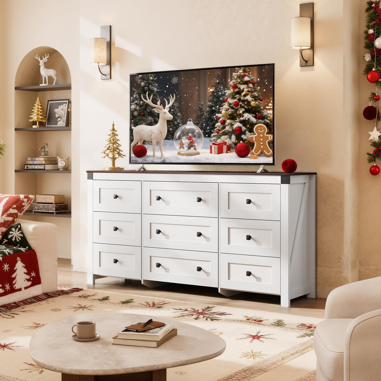 WLIVE Farmhouse Dresser for Bedroom, 63" Wide 9 Drawer Dresser Storage Organizer, Wood Chest of Drawers for Bedroom, TV Stand for 70 inch TV, for Living Room, Hallway, Ball Bearing Slide (White) WLIVE