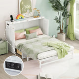 KEIKI Full Size Cabinet Murphy Bed with Charging Station and Drawers, Multiple Storage Foldable Hideaway Wall Murphy Bed Frame with Solid Slats, No Box Spring Needed, Easy Assembly, for Bedroom, White KEIKI