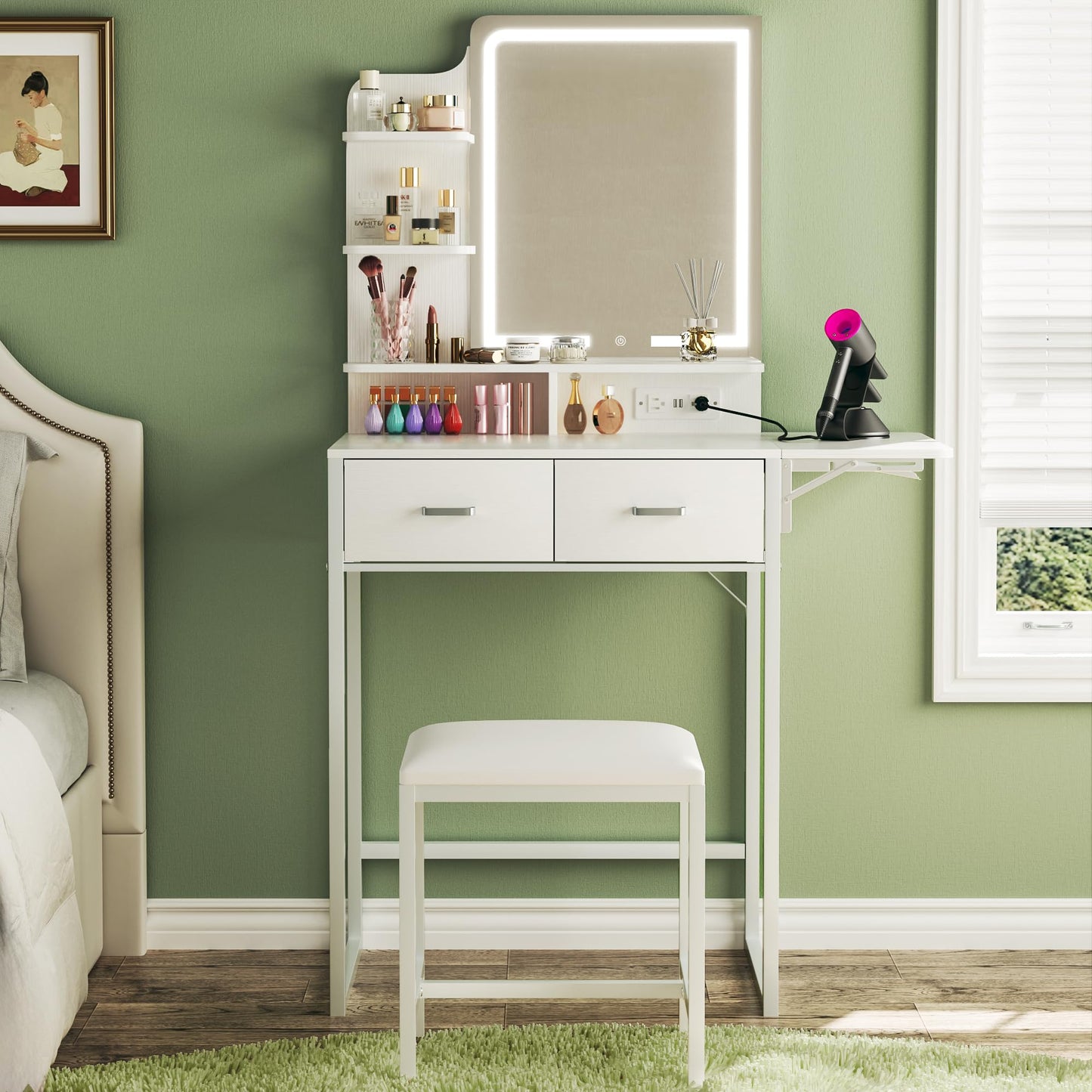 ALEXNUTRE Makeup Vanity Desk with Mirror and Lights, Small Vanity with Fabric Storage Drawer & Chair & Shelves, White Vanity with Fold-up Panel and Power Outlet for Bedroom