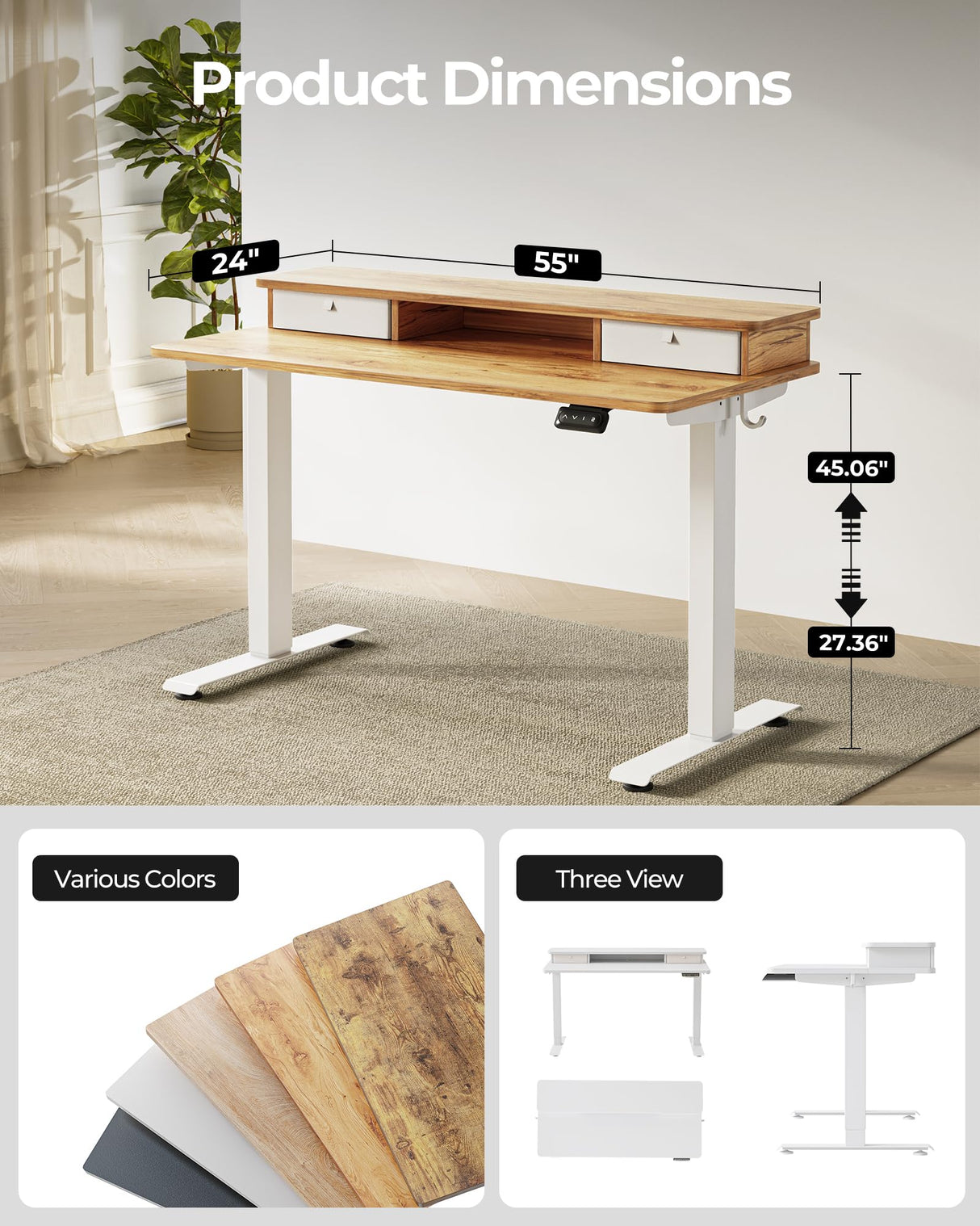 FEZIBO 55 x 24 Inch Height Adjustable Electric Standing Desk with Double Drawer, Stand Up Desk with Storage Shelf, Light Rustic FEZIBO