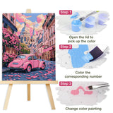 Lxmsja Pink Car Paint by Numbers Kit for Adults, Paris Street Acrylic Paint by Numbers for Adults Beginner, DIY Craft Supplies Oil Painting Kits for Home Wall Decor 16x20 inch (No Frame) Lxmsja