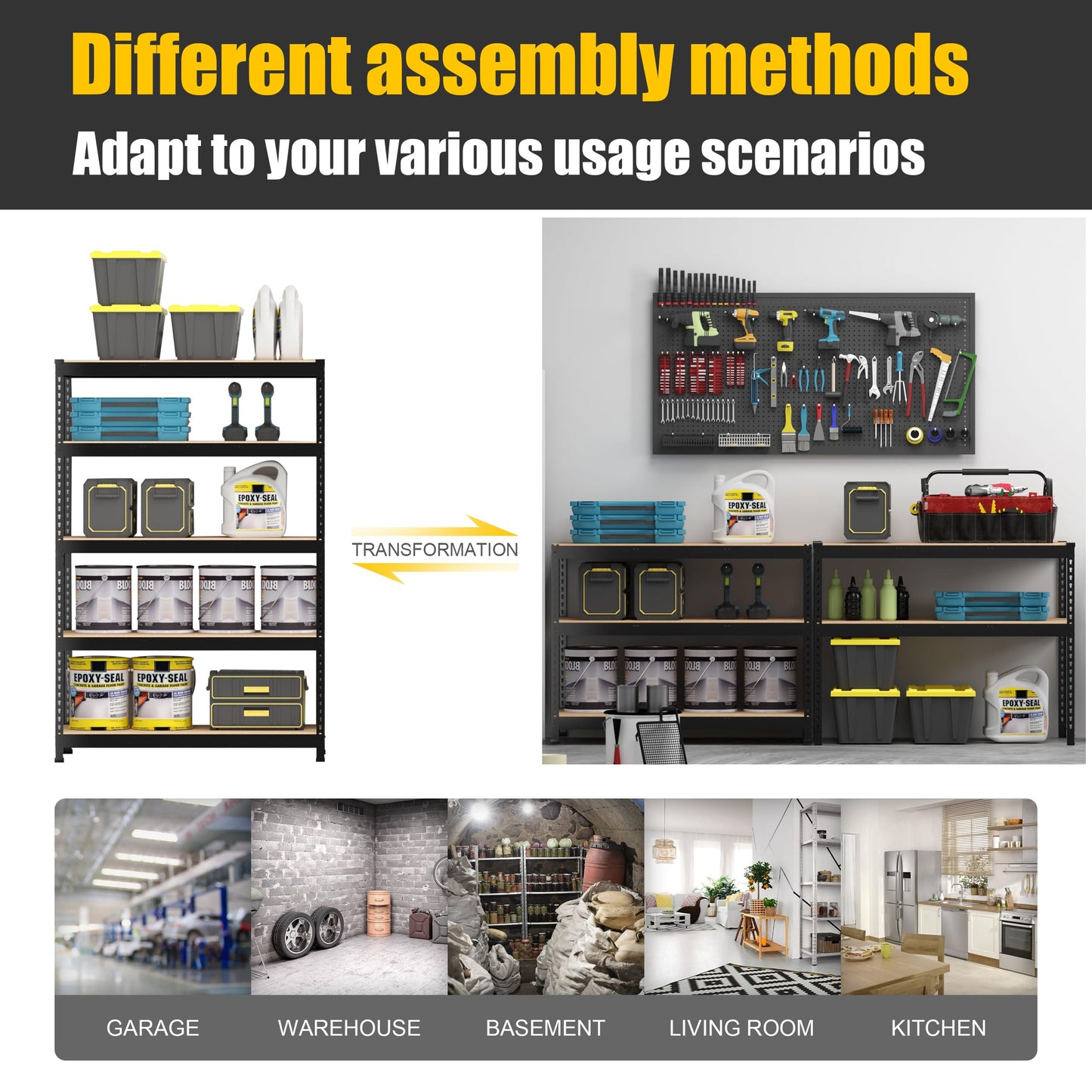 PrimeZone 48" W x 18" D x 72" H Heavy Duty Storage Shelves - 5 Tier Adjustable Garage Storage Shelving Unit, Industrial Metal Utility Shelf Rack for Warehouse, Basement, Pantry, Closet, Black