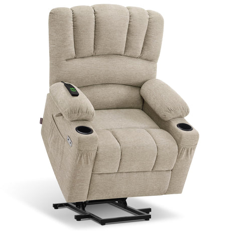 MCombo Power Lift Recliner Chair for Elderly, Lift Chair with Heat and Massage, USB &Type C Ports, Cup Holders, Fabric 7095 (Medium, Beige) MCombo
