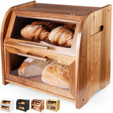 Arise Stylish Acacia Bread Box for Kitchen Countertop, Extra Large 2-Shelf Wooden Bread Storage Container with Clear Windows and Air Vents Keep Bread, Bagels and Rolls Fresh, Self Assembly Apace Living