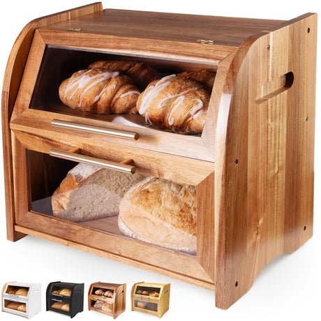 Arise Stylish Acacia Bread Box for Kitchen Countertop, Extra Large 2-Shelf Wooden Bread Storage Container with Clear Windows and Air Vents Keep Bread, Bagels and Rolls Fresh, Self Assembly Apace Living