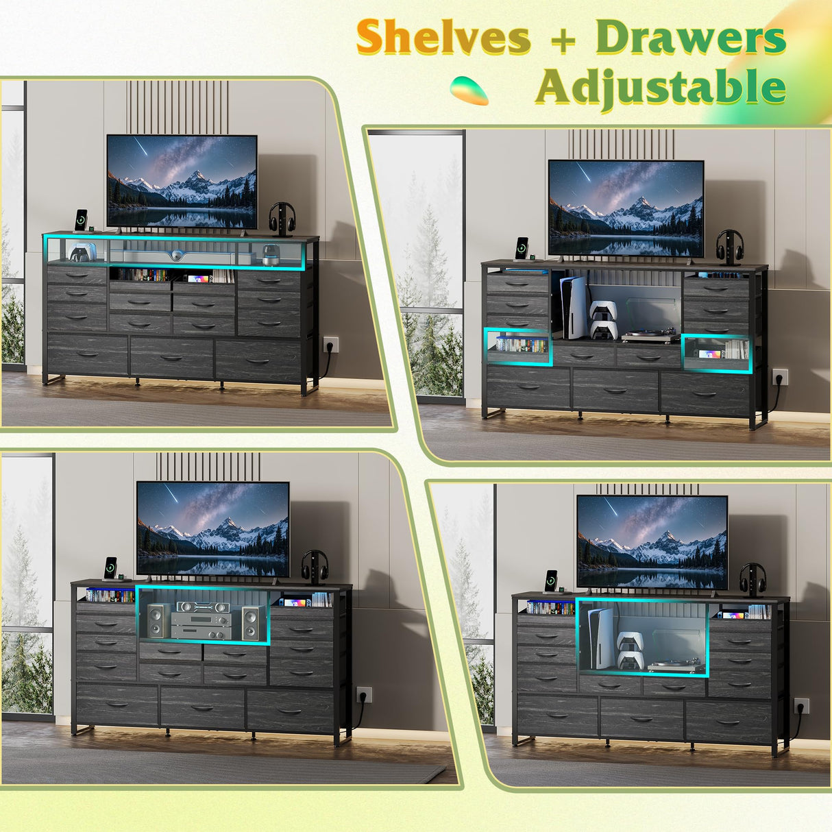 WLIVE Black TV Stand for 55, 60, 65 inch TV, Entertainment Center with LED Lights & Charging Station, TV Media Console Table with 15 Fabric Drawers and Open Shelves for Living Room, Hallway, Wood Top WLIVE