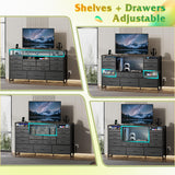 WLIVE Black TV Stand for 55, 60, 65 inch TV, Entertainment Center with LED Lights & Charging Station, TV Media Console Table with 15 Fabric Drawers and Open Shelves for Living Room, Hallway, Wood Top WLIVE