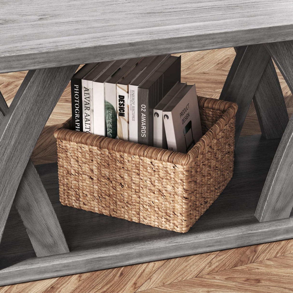 FROMJBEST Farmhouse Coffee Table with Shelf, Wood Coffee Table for Living Room, Open Display Area,47” Grey FROMJBEST
