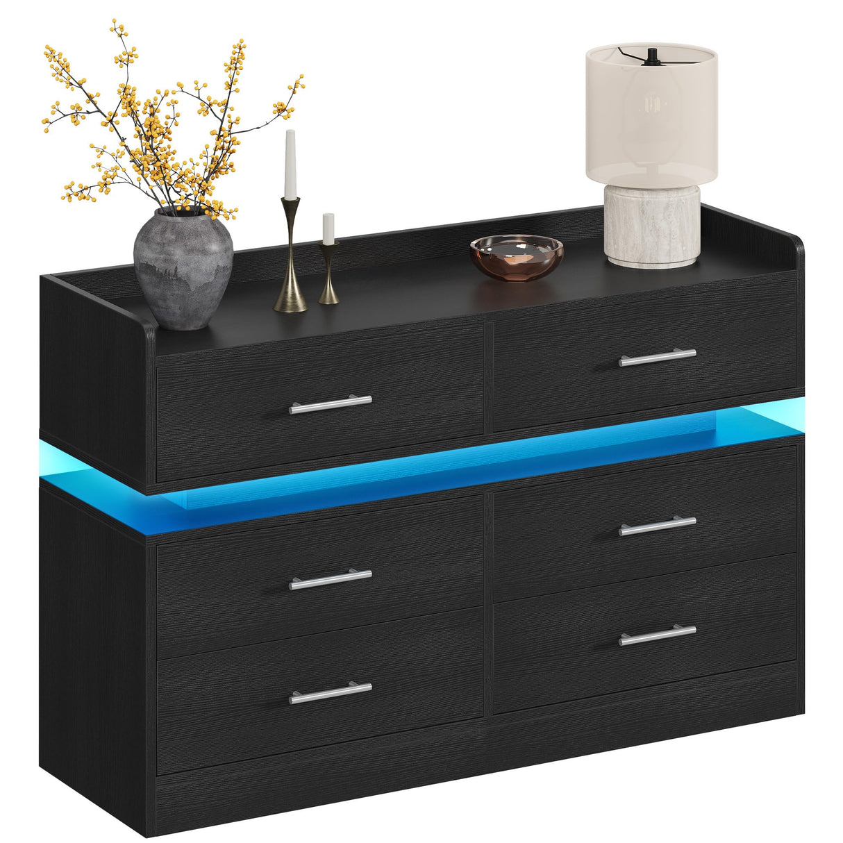DWVO 6 Drawer Dresser with LED Light, Modern Dresser Chest of Drawers, Wide Drawer Organizer Cabinet with Top Storage Shelf, Black DWVO