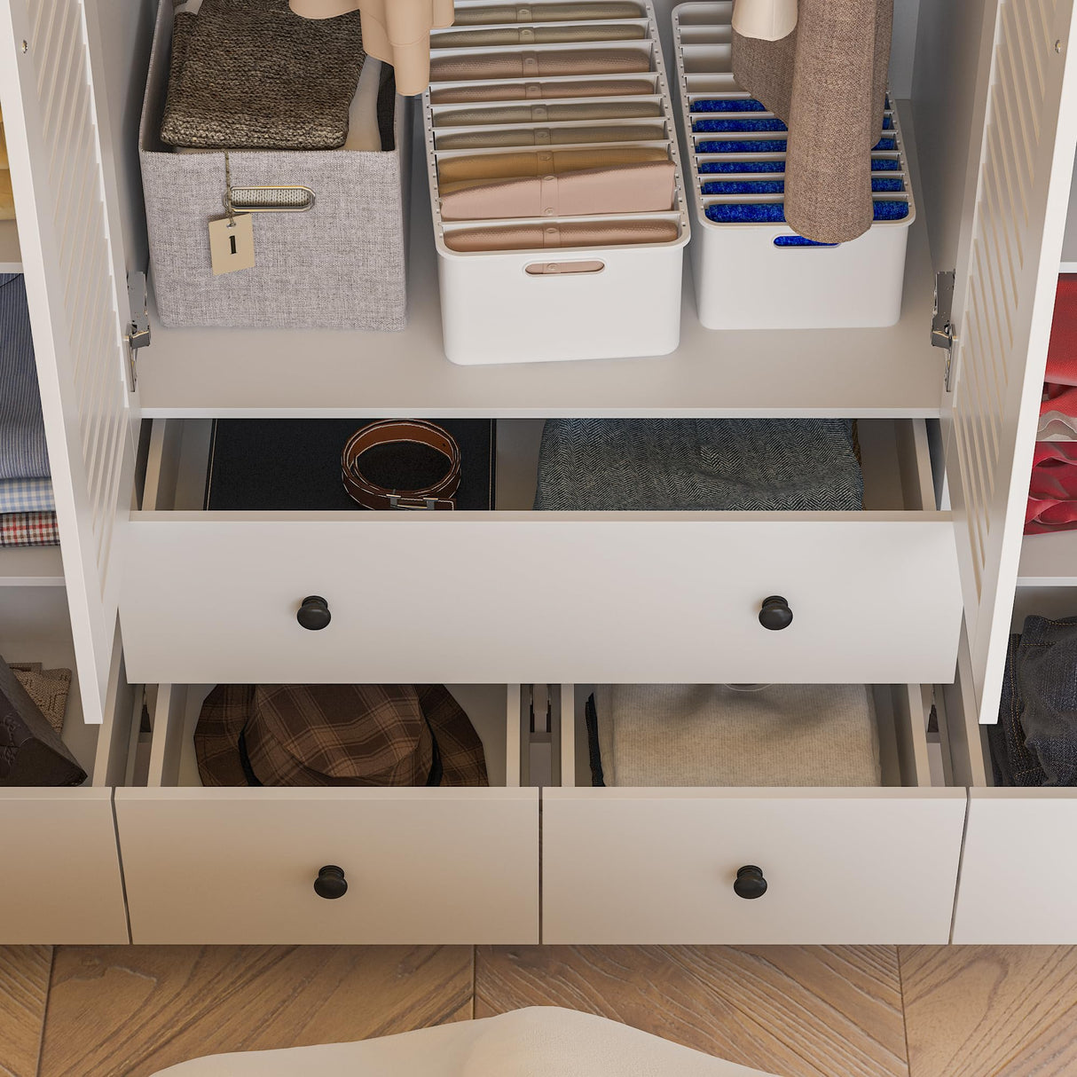 ECACAD Extra Tall Wardrobe Armoire with Top Cabinet, 10 Shelves, 4 Drawers, Hanging Rod & 8 Louver Doors, Wooden Closet Storage Cabinet for Bedroom, White (59”W x 19”D x 94.5”H) ECACAD